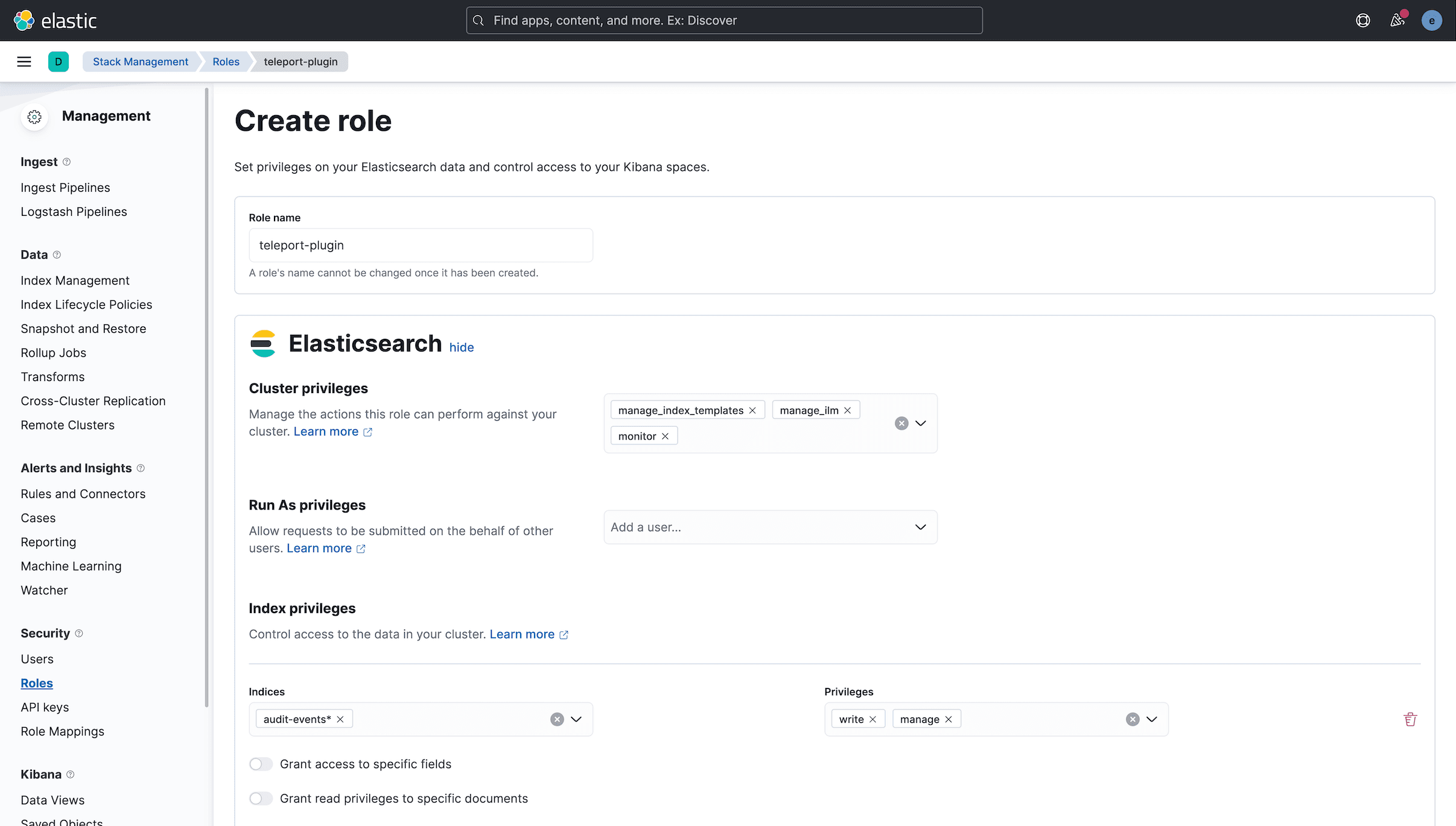 Creating an Elasticsearch role